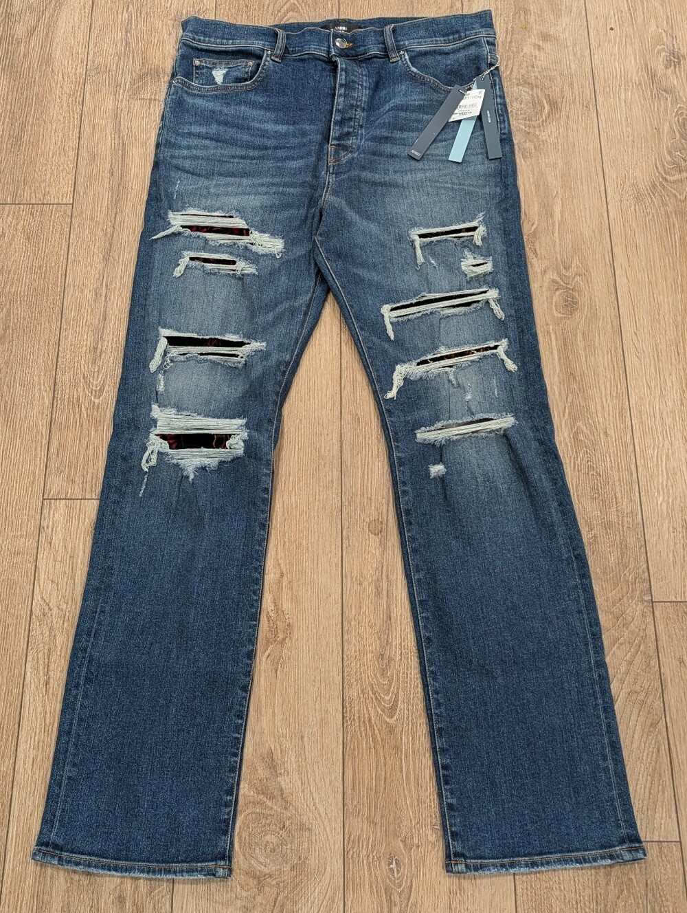 $1590 Mens AMIRI Thrasher Slim Fit Distressed Floral Velvet Jeans Indigo 34